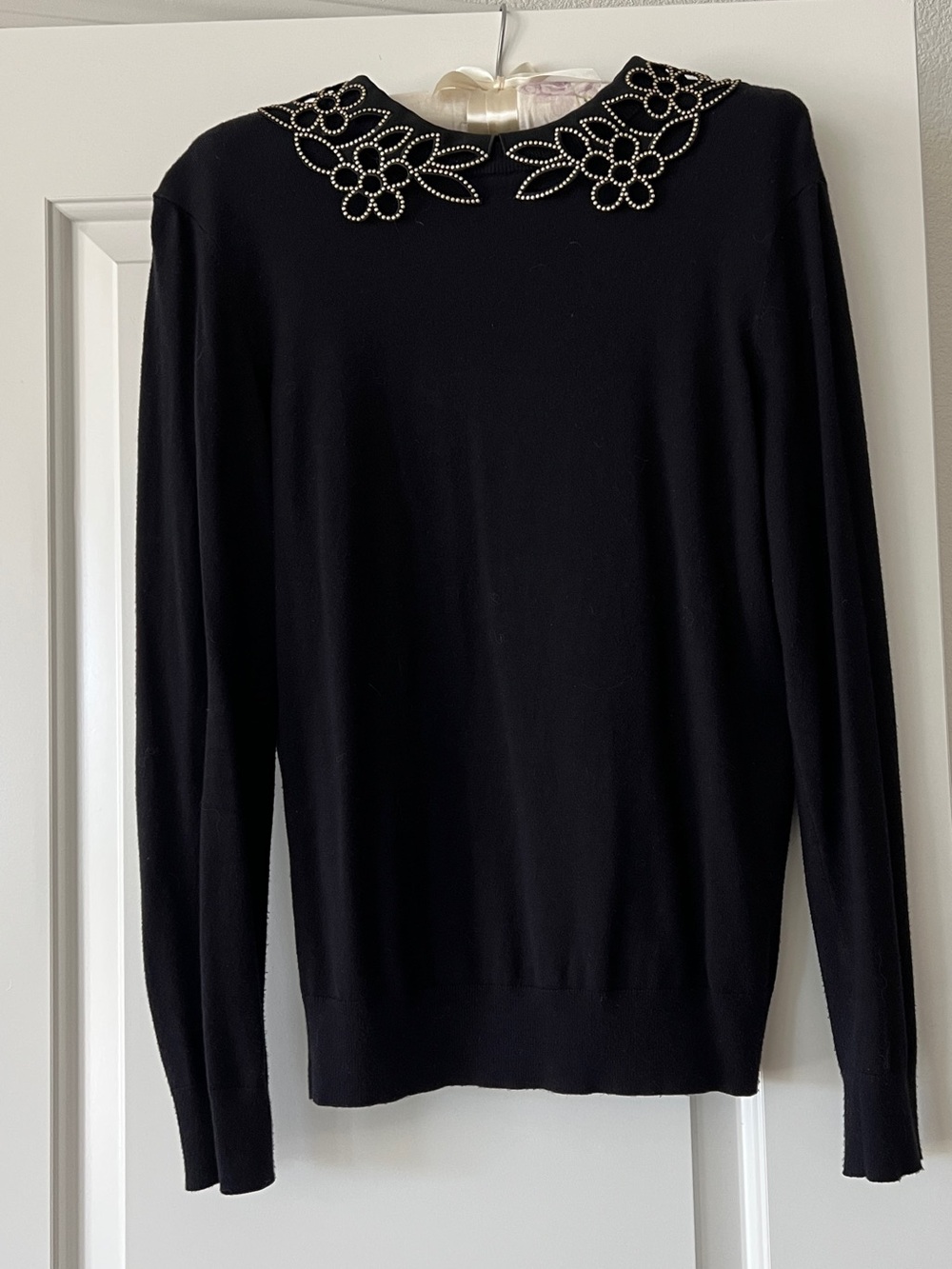 Ted Baker Black Crewneck Sweater with Embellished Floral Collar